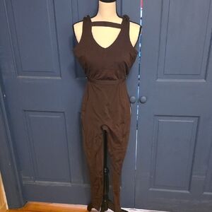 5/$40 Fabletics Brown Onesie Jumpsuit Strong Support Open Back No Wear Sz Small